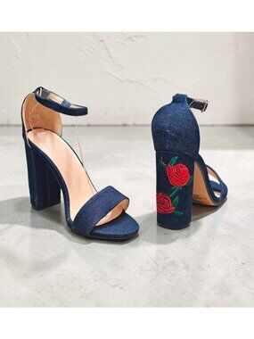 Denim Block Heels With Embroidered Red Rose Design & Adjustable Ankle Strap - Wo